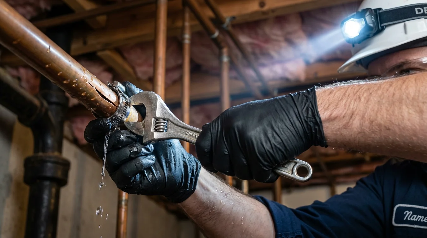 Emergency pipe clamp repair being performed by a Johns Plumbing LLC plumber in Grants Pass