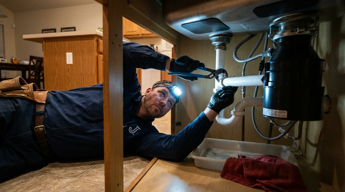 P-trap and supply line connections under a kitchen sink showing a common leak point in Grants Pass, OR